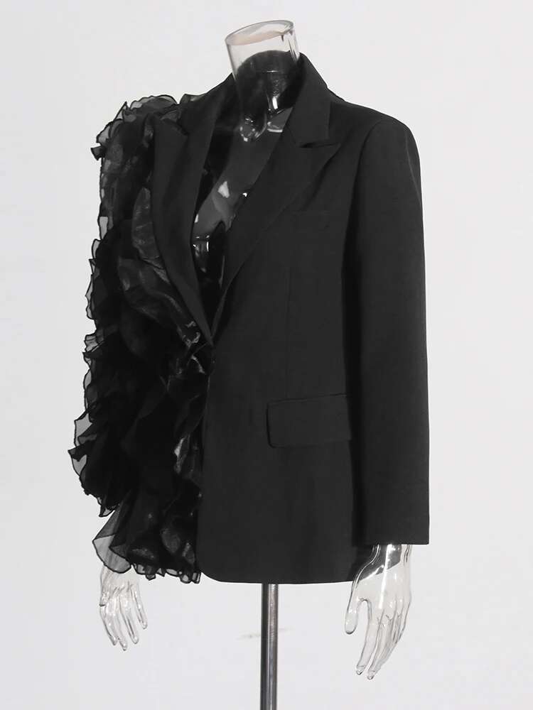 TWOTWINSTYLE Patchwork Ruffles Chic Blazers For Women Notched Collar Long Sleeve Spliced Pocket Designer Blazer Female Fashion