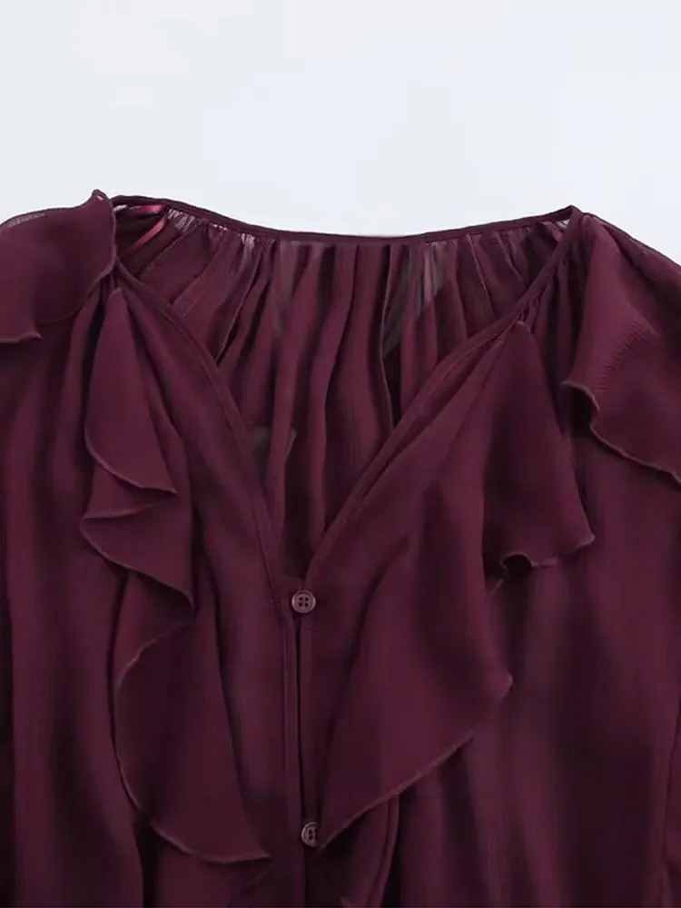 Fashion Chiffon Layered Ruffled Shirts For Women Elegant Single Breasted Puff Sleeve Blouse Female Street Lady Chic Tops 250311