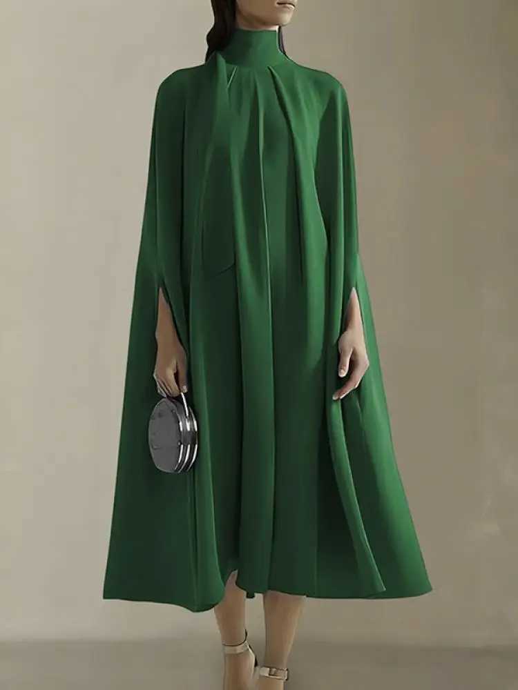 Missuoo Solid Color Elegant Evening Party Dresses for Women 2024 Spring New High Neck Batwing Sleeves Pleated Caped DressT250311