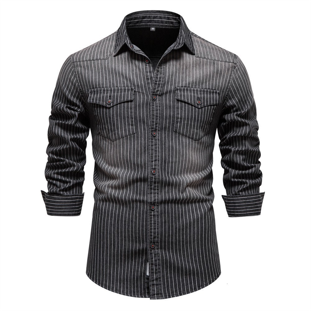 fashion High-Quality Heavy-Duty Washed And Worn Striped For Men, Men's Long Sleeved Denim Shirt