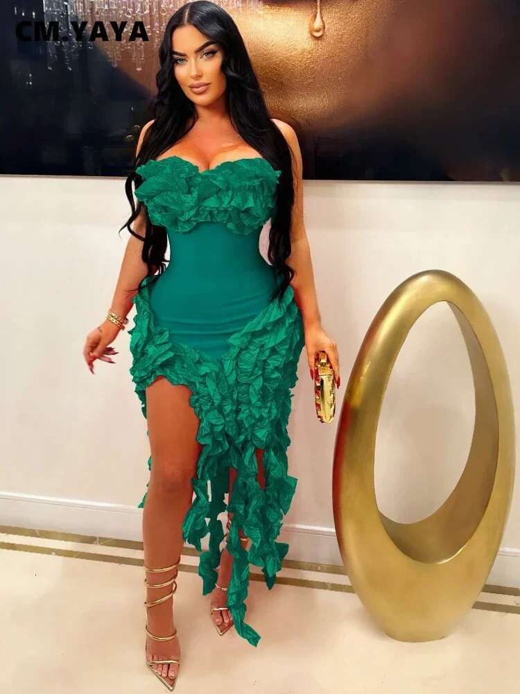 Cm.Yaya Women Strapless Ruffles Tassel Splicing Irregular Birthday Bodycon Long Maxi Dress 2024 Even Sexy Party Dresses Vestidos