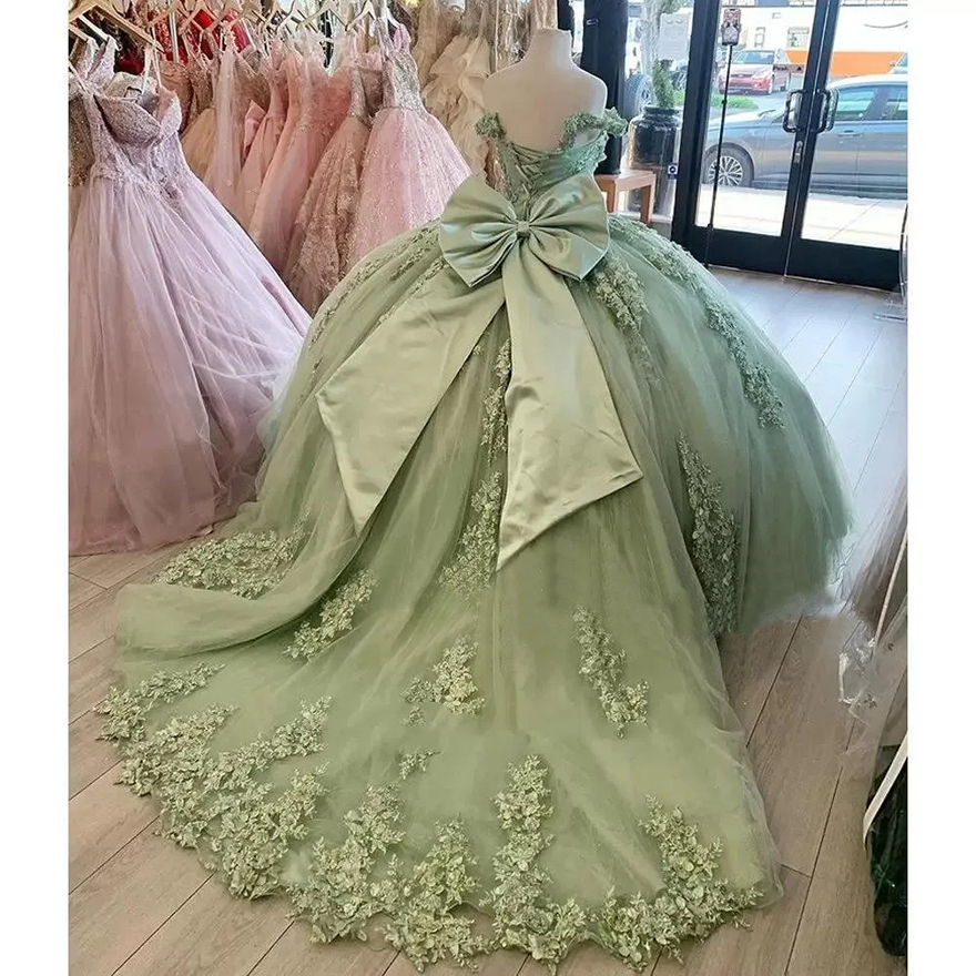 Sage Green Off The Shoulder Quinceanera Dresses Ball Gown Floral Appliques Lace Bow Back Corset For Sweet 15 Girls Party Prom