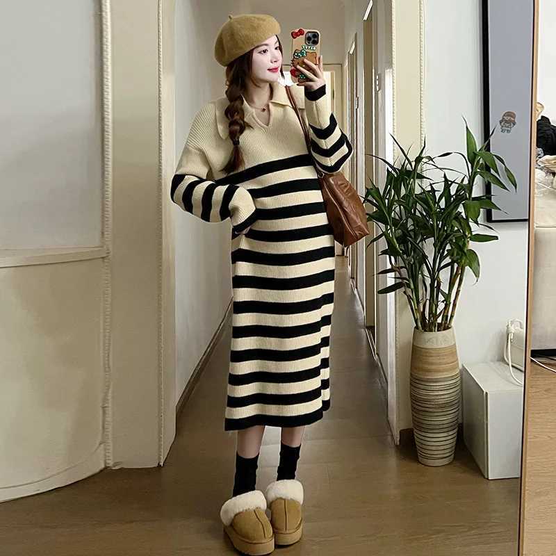 Casual Maternity Stripe Knit Dresses 2023 New Clothes for Pregnant Women Thick Fashion Lapel Long Sweater Winter Pregnancy DressT250311