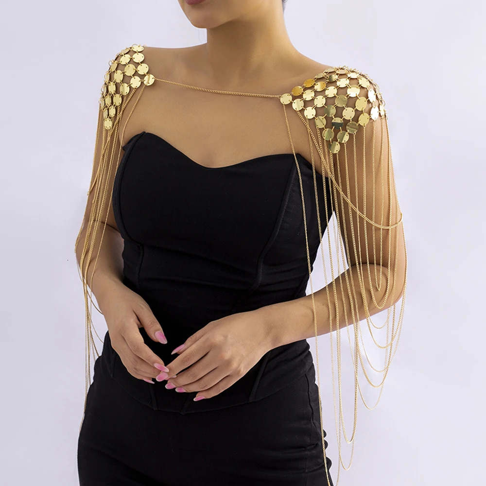 IngeSight.Z Gold Color Metal Chain Sequins Shoulder Body Chain for Women Punk Sexy Harness Tassel Epaulette Shoulder Tops Chain 250303