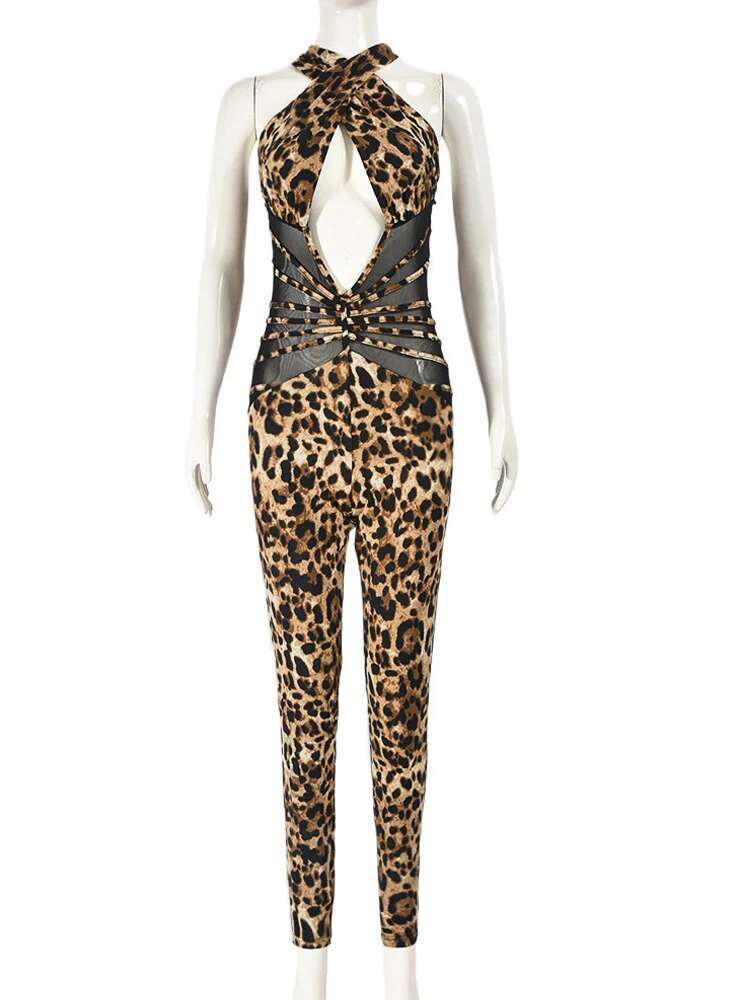 Beyprern Wild Cut-Out Leopard Print Corset Jumpsuit Fiess Rompers One Piece Outfits Womens Mesh Patchwork Long Pants Overalls
