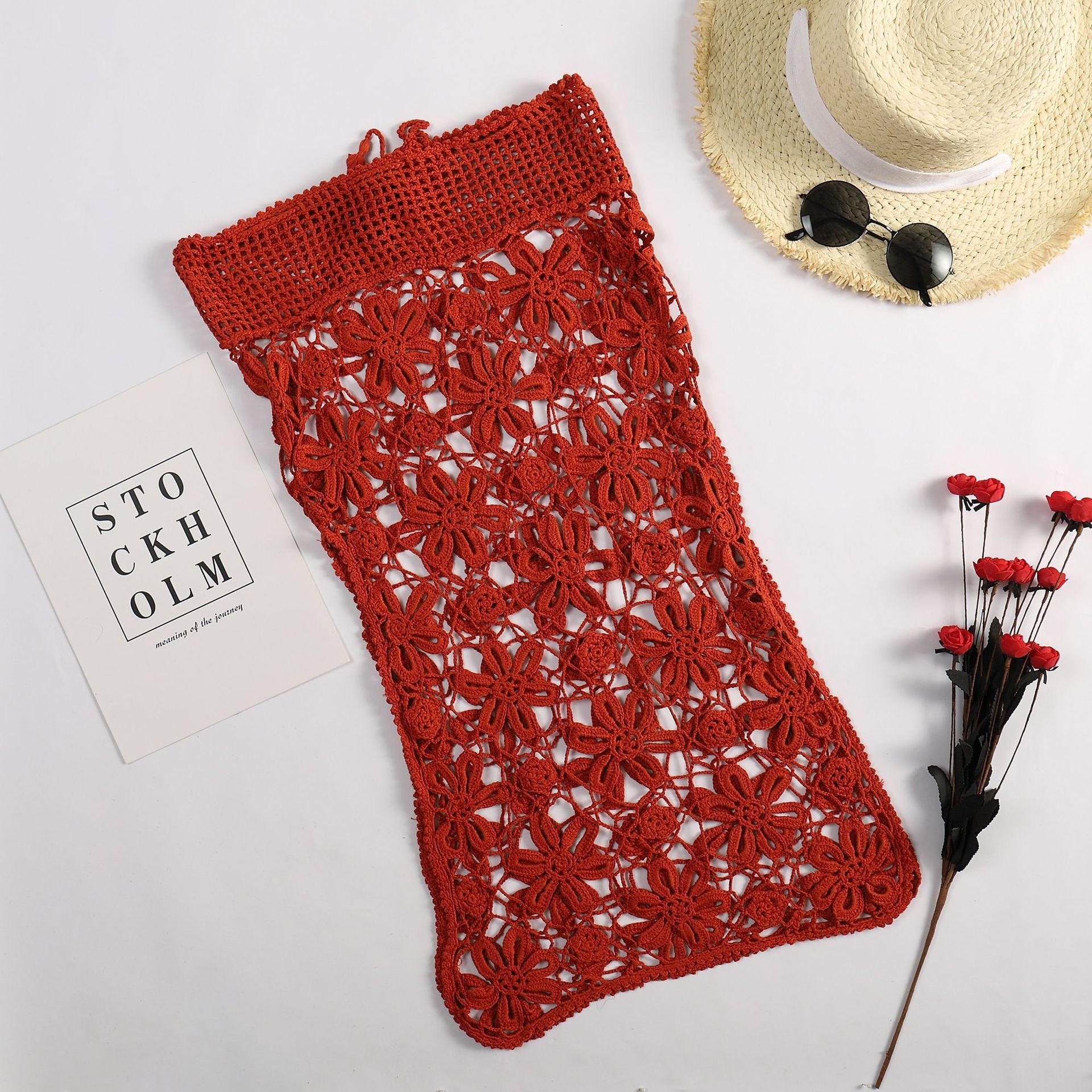 Knitted Women's Vacation Sun Protection Sexy Hollow Out Hand Hook Flower Woven Knee High Beach Skirt