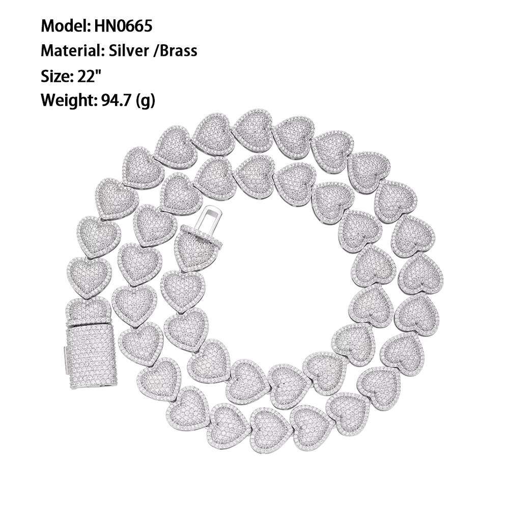 Fashion accessory 22 inch hip-hop ice chain tennis pure sier gold-plated double heart sandstone women's necklace