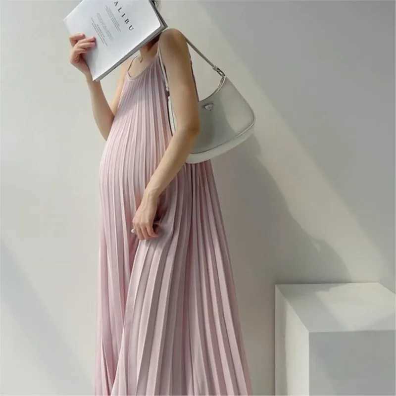 2023 Summer Sleeveless Pregnant Womens Pink Dress Chiffon Skirt Korean version Hanging Strap Skirt Maternity Long Dress LE952T250311