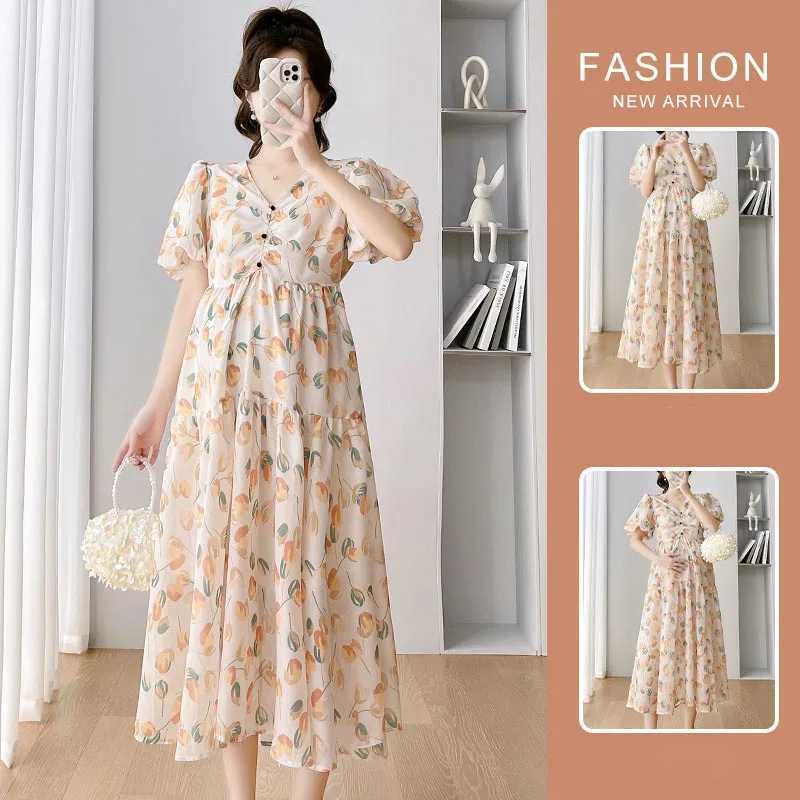 Maternity Dress Summer Printed Sweet Bubble Short Sleeves High Waist A Line Clothes for Pregnant Women Pregnancy DressessT250311