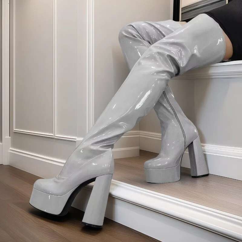 High Heel Over The Knee Waterproof Women S With European And American Sexy Patent Leather Super High Heels Platform Boots