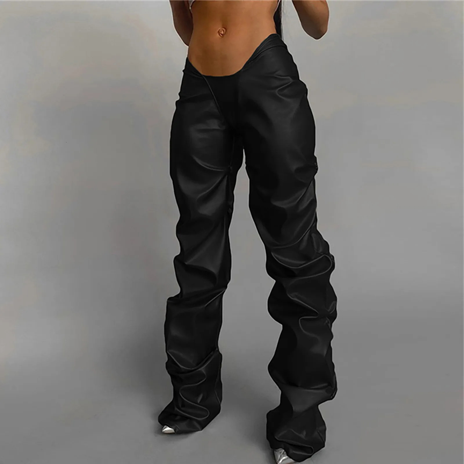 Women Fashion Leather Pant Wash Water Wrinkles Leggings Slim Pencil Pants Business Sense Of n Vintage Straight Trousers 250305