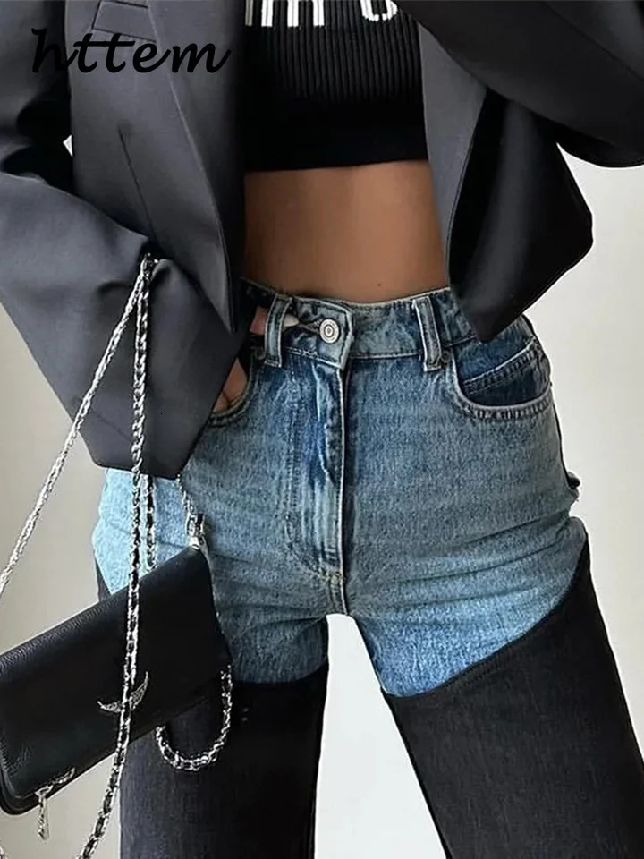 Street womens spliced straight jeans high waisted zipper pocket denim pants springsummer Y2k hiphop Trouser 250310