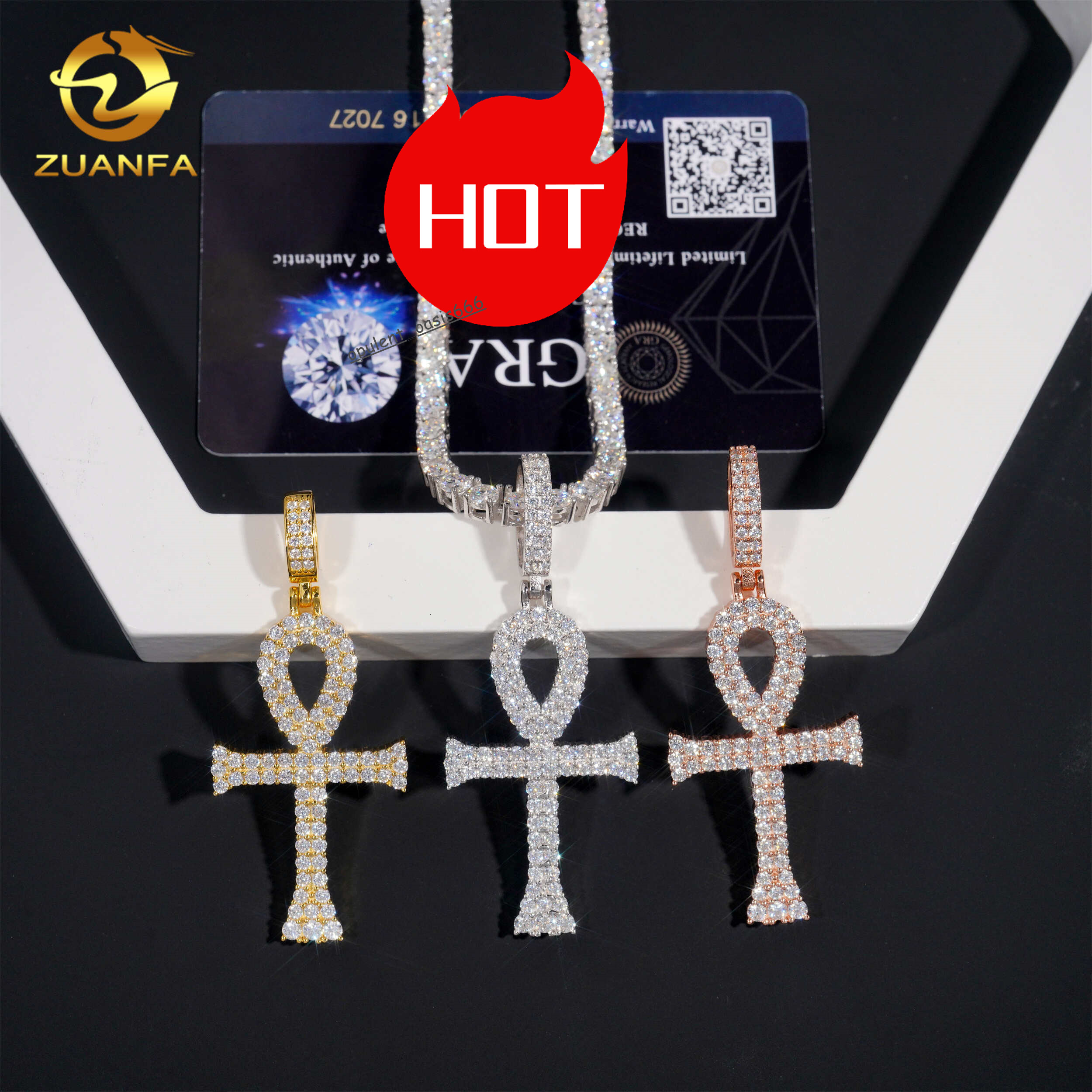 48h Shipping 3 Colors Cross Pendant Round VVS Moissanite Diamond Iced Out Silver Men Women Fashion Fine Jewelry Ankh Pendant