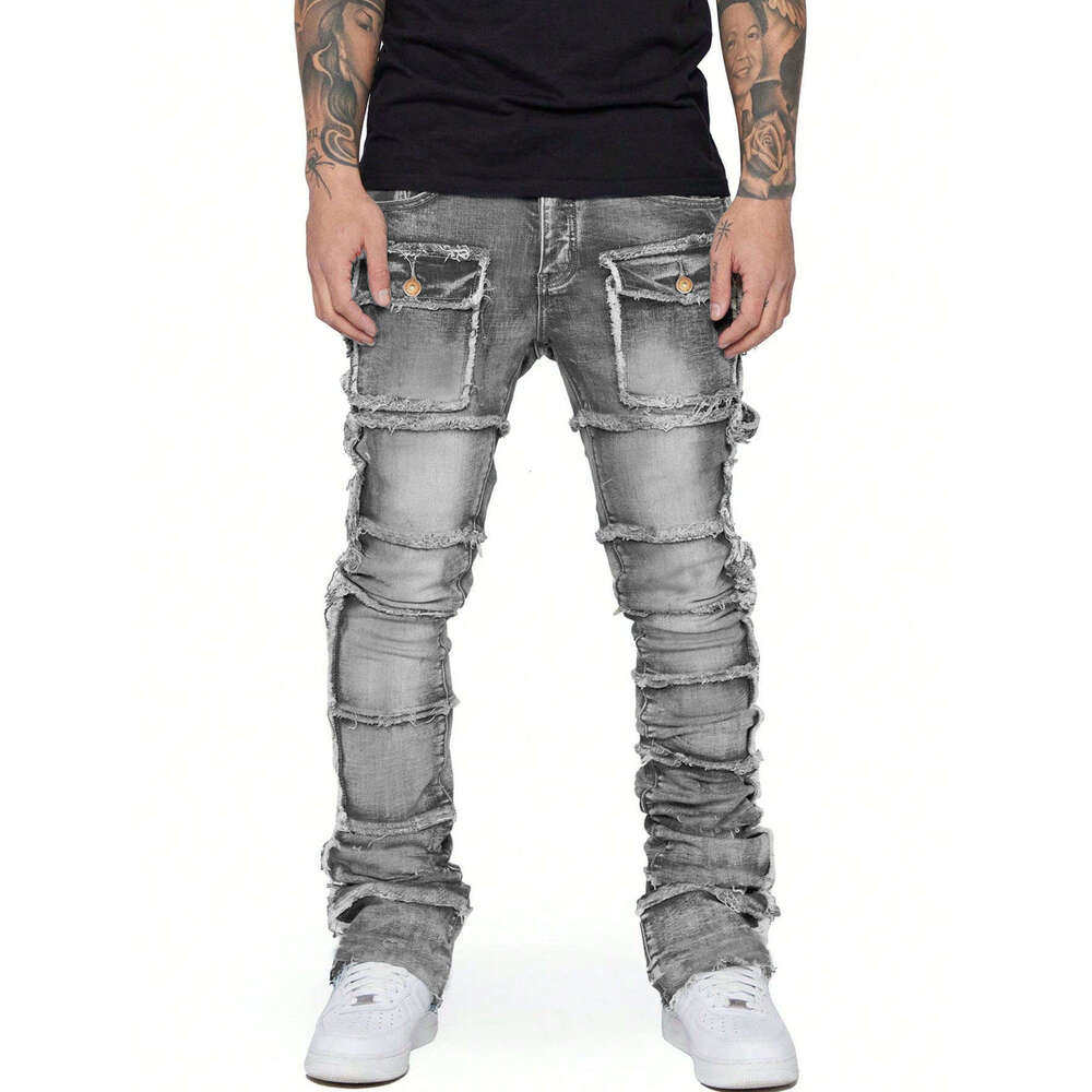 Men's workwear straight leg popular in European and American Instagram, elastic patch denim layered micro flared men's pants, 2025 new casua