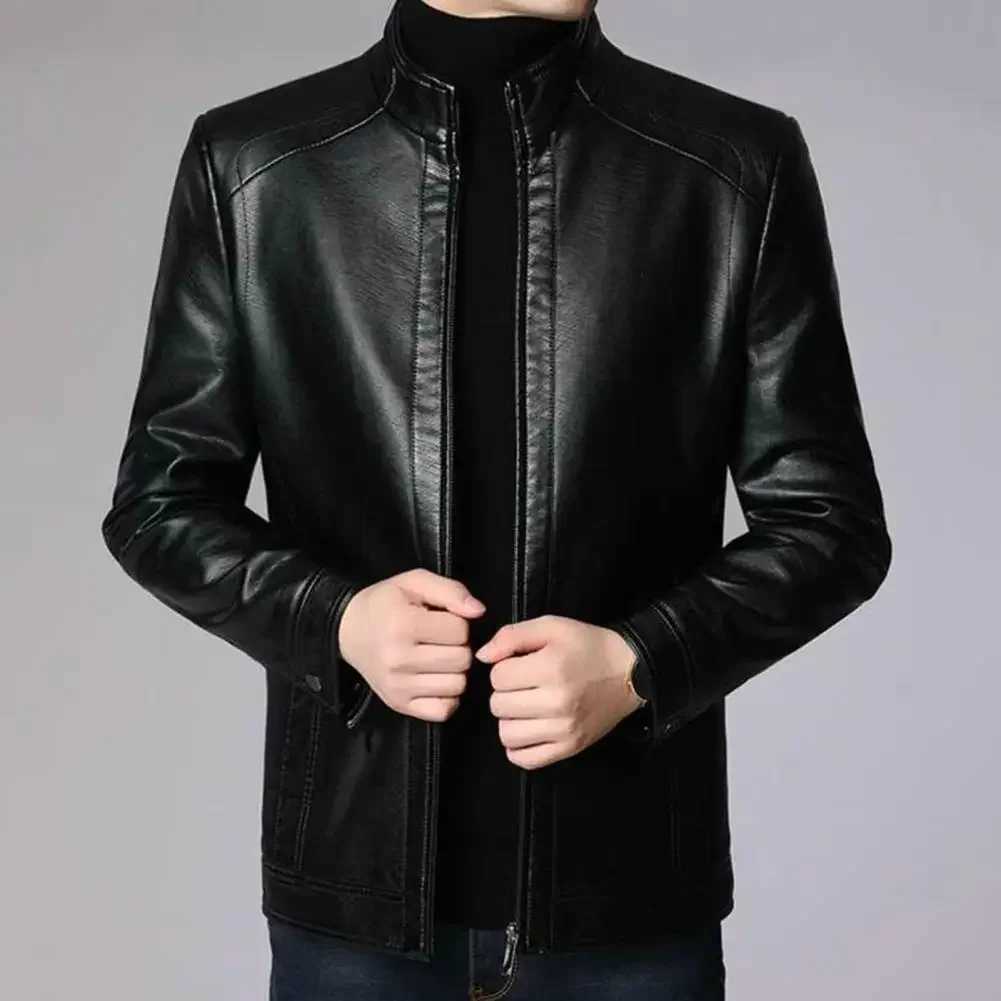 Mens Korean Version Slim Fit Solid Color Coat Standing Collar Autumn and Winter Leather Clothes Imitation Water Leather JacketT250311