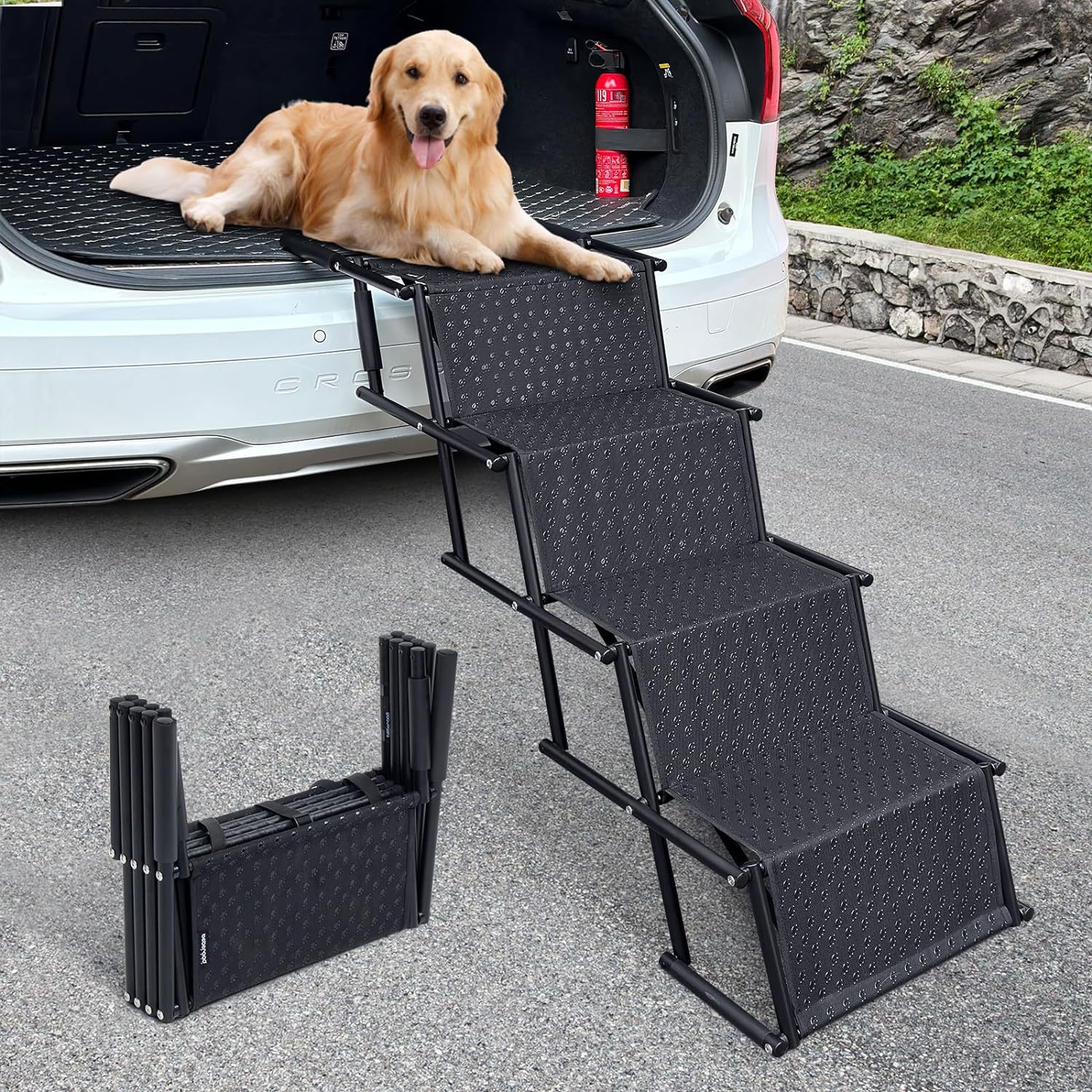 Portable Foldable Pet Ramp Stairs Car Ladder for Large Dogs Assist Steps with Non-Slip Surface for Easy Vehicle Access