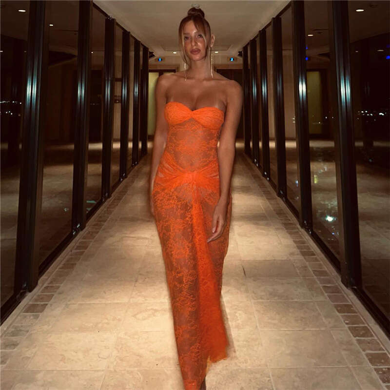 INS European and American Style Summer Women's Sexy Chest Lace Perspective Slimming Hip Wrapping Dress 2025 New Casual Fashion Trendy Clothing