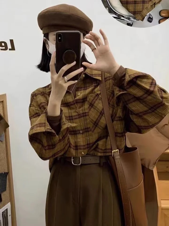 Autumn Women Shirts Retro Plaid Long Sleeve Blouse Loose Casual Ladies Clothes Elegant Woman Wear Top Female Clothing 250310