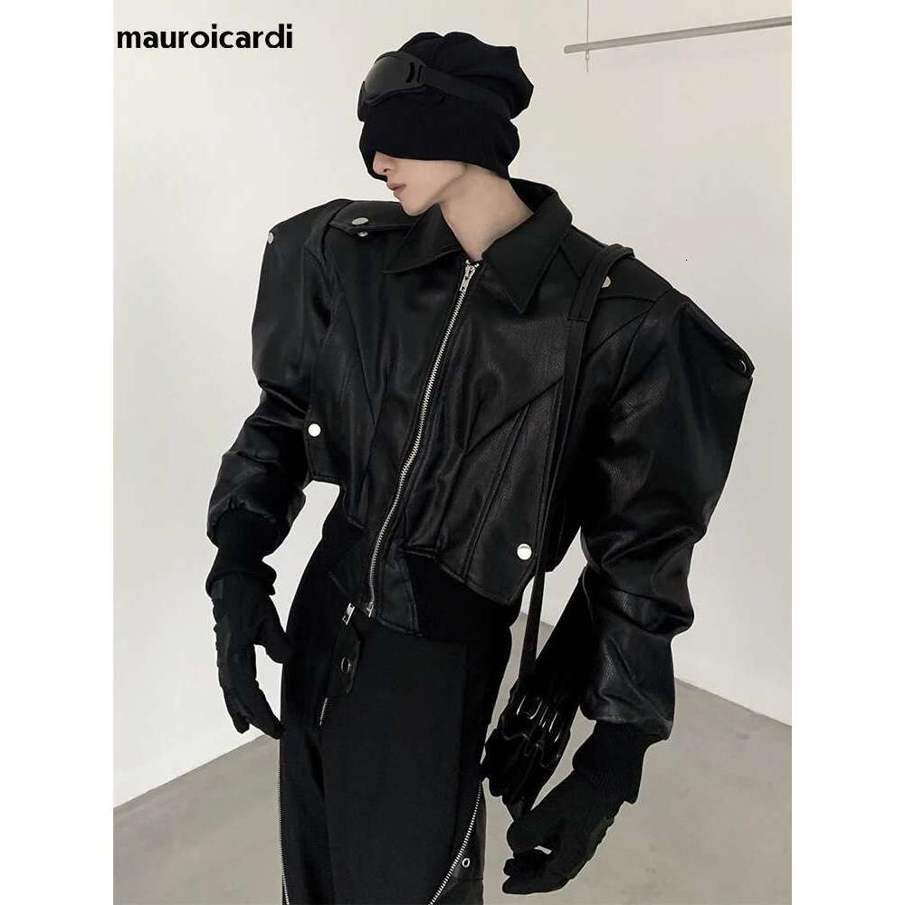 Men's Leather Jacket Mauroicardi Spring Autumn Cool Handsome Short Oversized Black Pu Leather Jacket Men With Shoulder Pads Long Sleeve Zipper