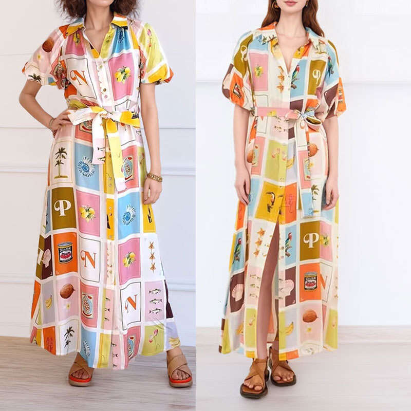 2025 Spring New Women's Printed Collar Split Tie Dress For Women KLMY