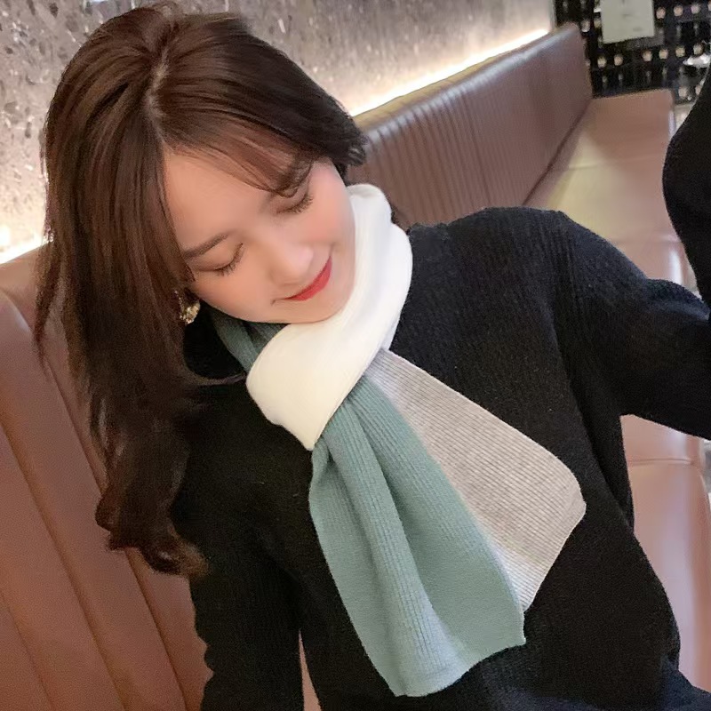 K096 Simple short scarf for women autumn and winter thickened two-color wool knitted chic Japanese style scarf for students Korean version