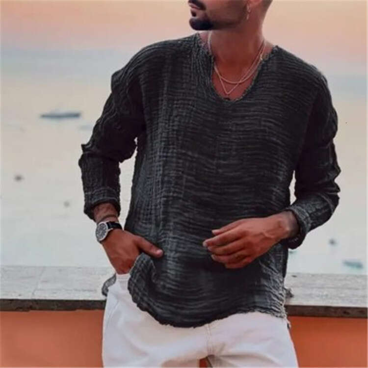 Men's youth en casual loose V-neck washed water frayed long sleeved shirt, 2025 new style, chic and elegant clothing