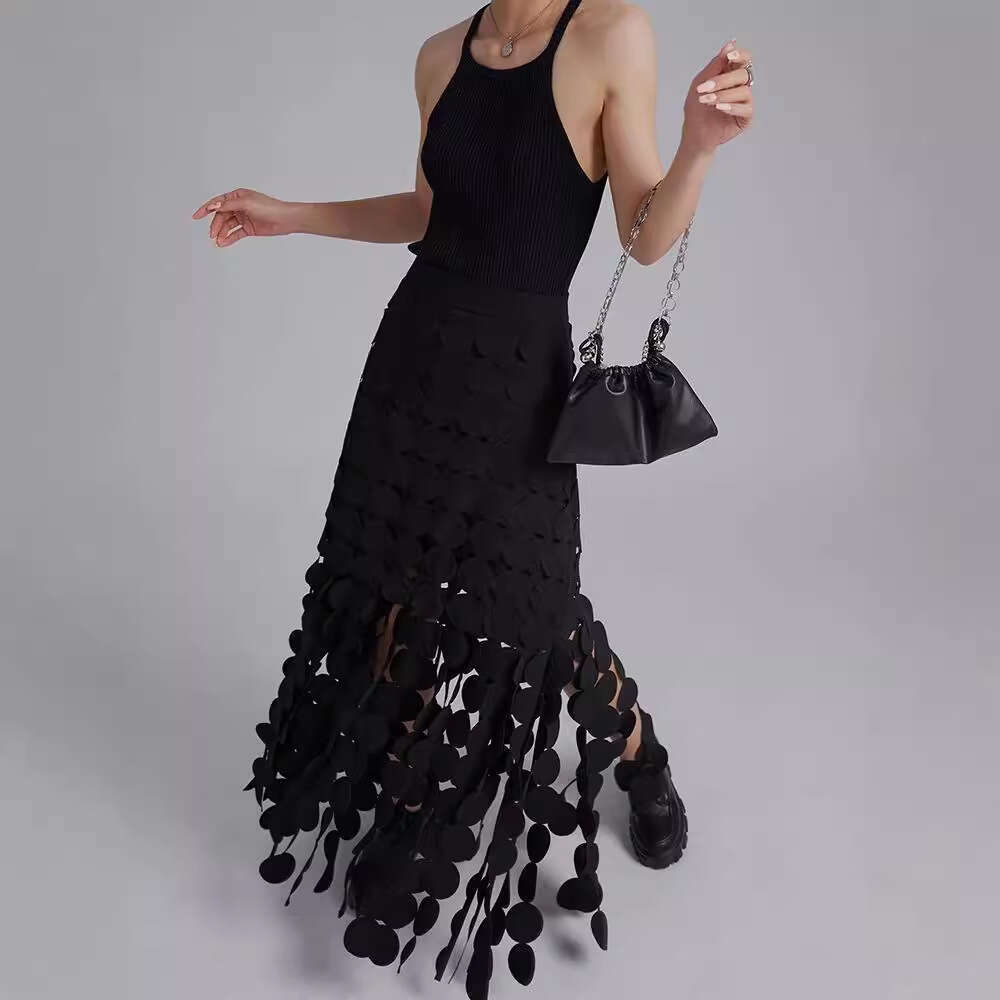 Fashionable Design Long Hip Bag 2024 Spring New Collection Splicing Round Disc Tassel High Waist Skirt