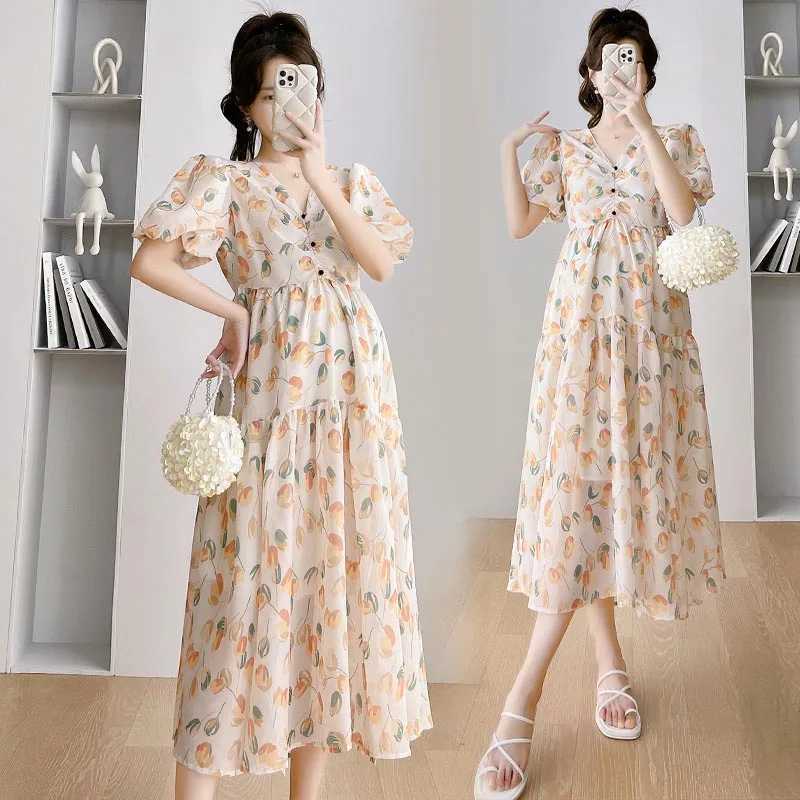 Maternity Dress Summer Printed Sweet Bubble Short Sleeves High Waist A Line Clothes for Pregnant Women Pregnancy DressessT250311