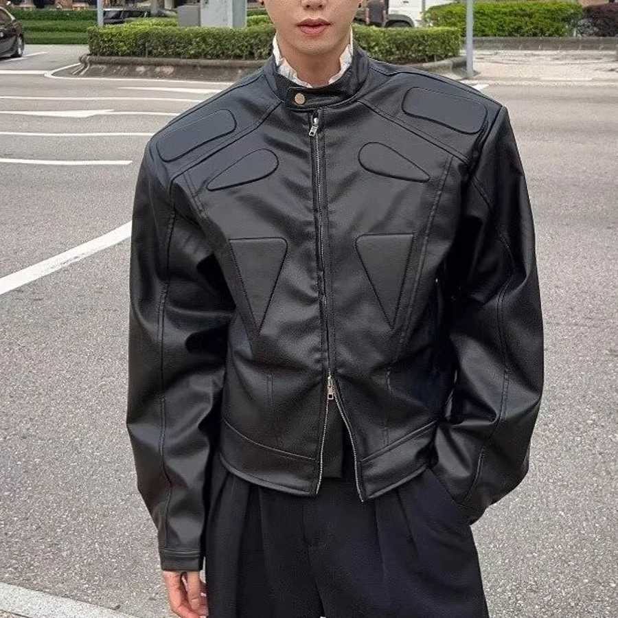 Motorcycle Leather Jacket Men Cropped Korean Fashion Shoulder Pad PU Bomber Coats Male Street Hip Hop Racing Retro Outwear NewT250311