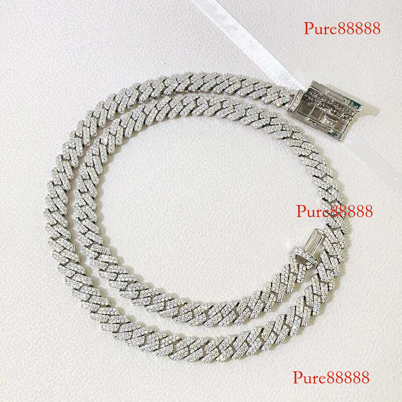 8MM Cuban Hiphop 2 Row D VVS Moissanite Dia Miami Chain Necklace Sterg Sier Pass Tester Gift