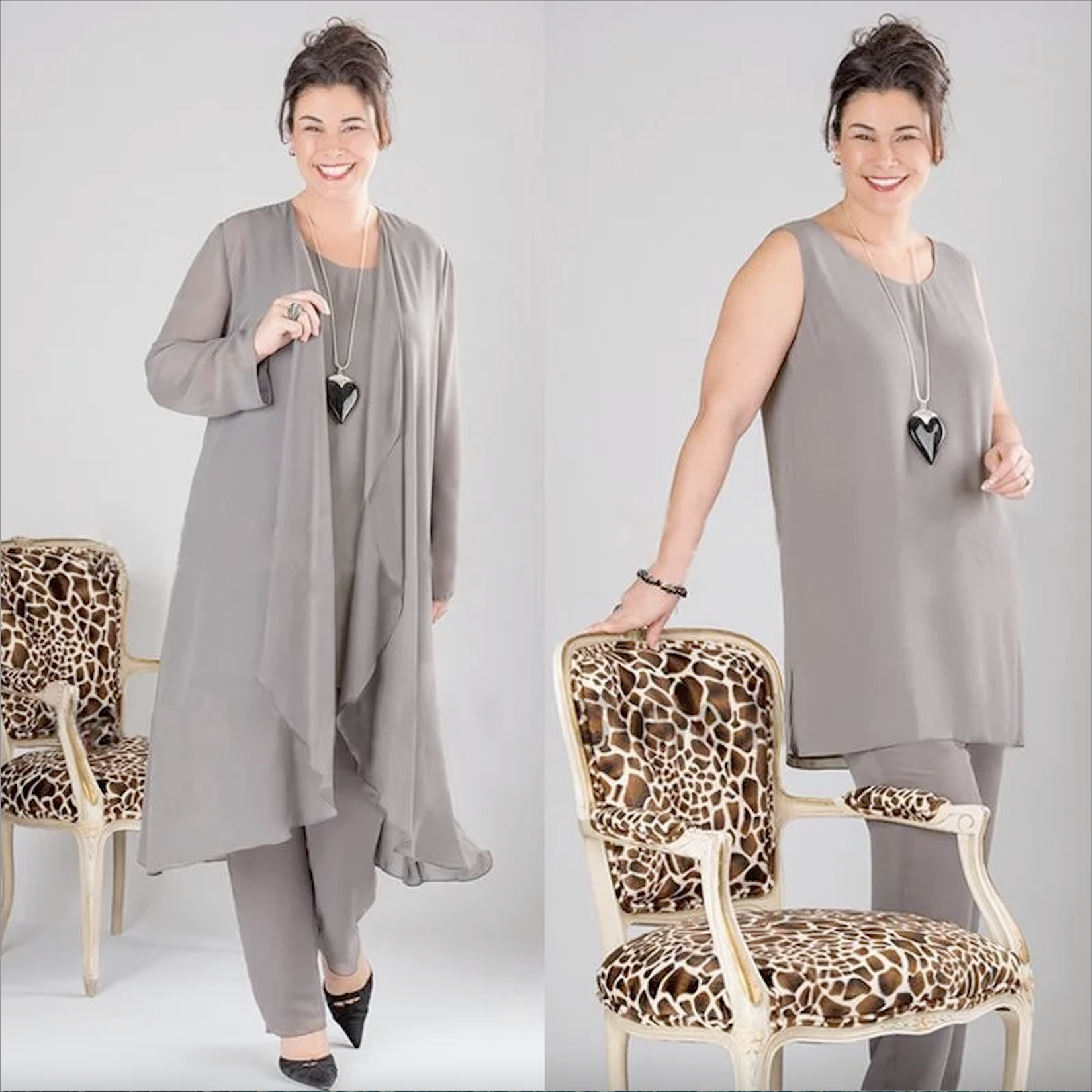 Dark Grey Summer Flow Chiffon Mother's Pants Suit Three Pieces Plus Size Wedding Mother of Bride Dresses with Long Sleeves Long Jacket