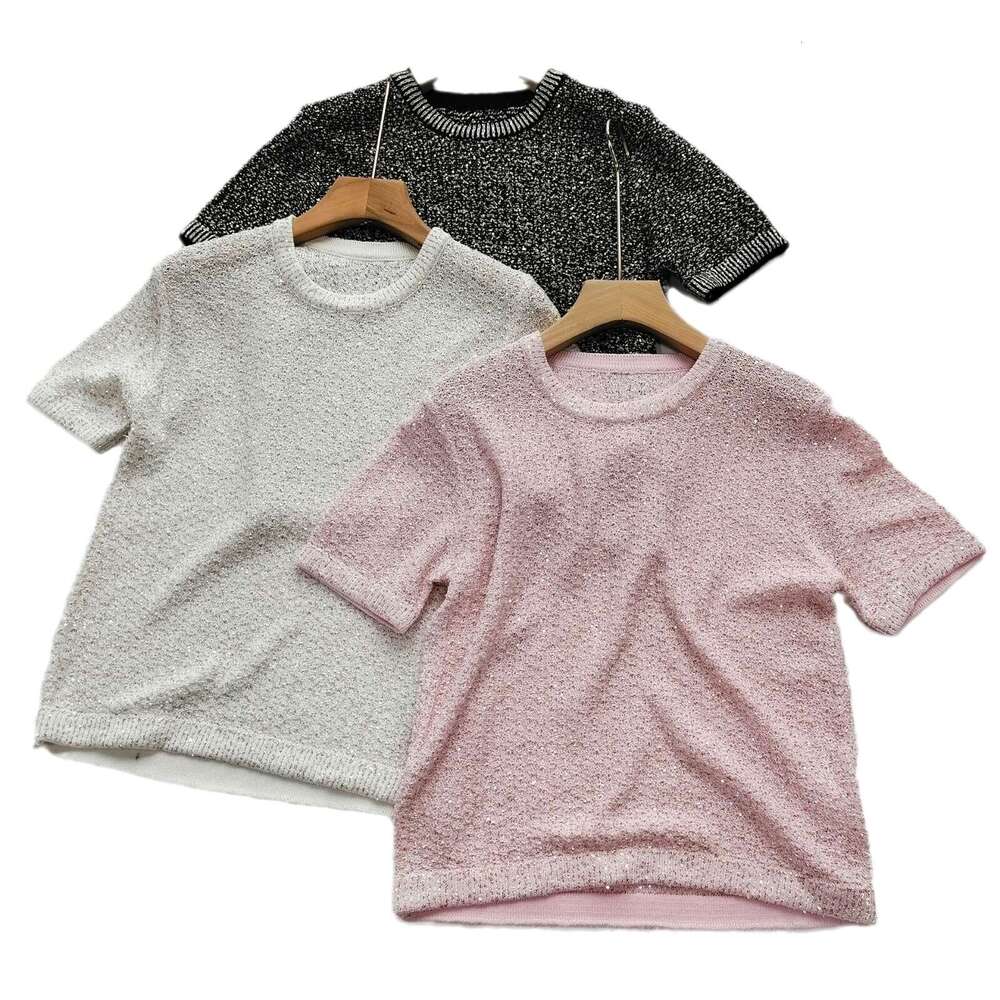 New Summer 2024 Nanyou High End Silk Sparkling Small Fragrant Knitted Shirt Women's Short Sleeve Hoodie Top