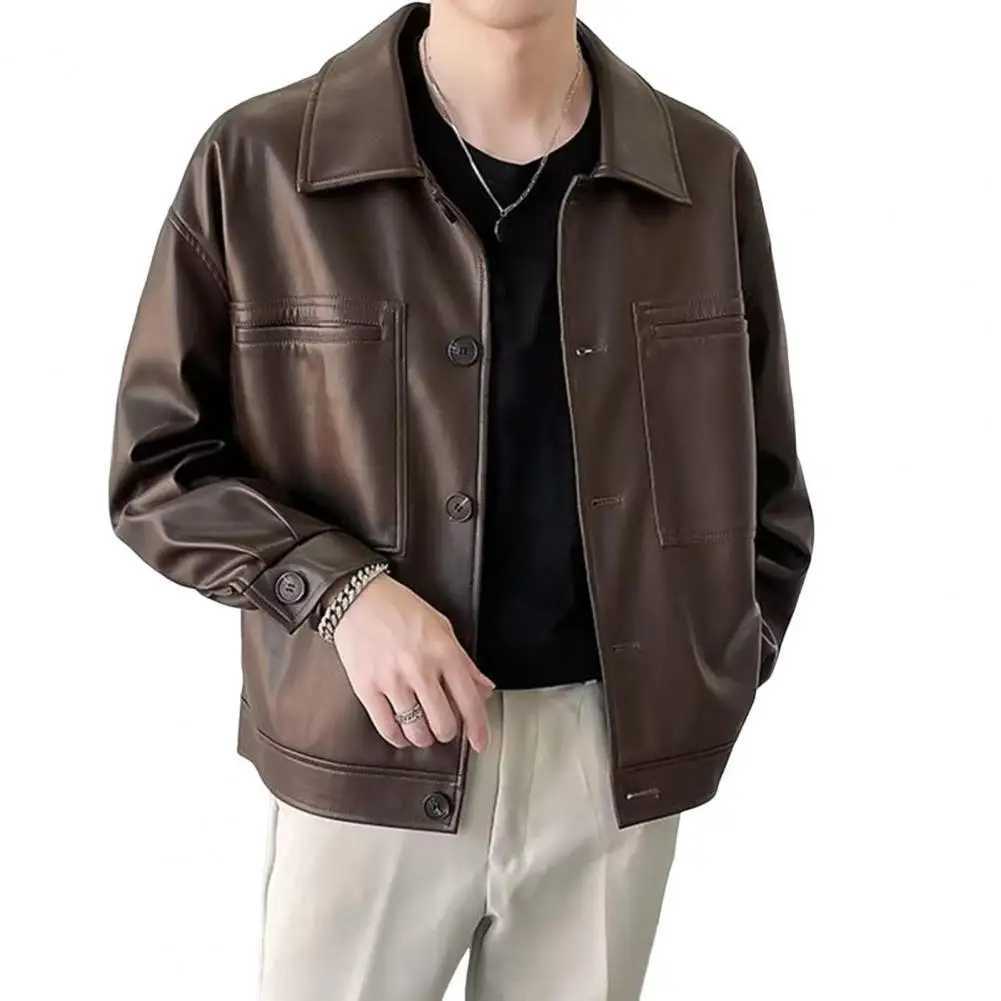 Retro Men Jacket Faux Leather Lapel Long Sleeve Single-Breasted Jacket Coat Loose Waterproof Warm Jacket PUT250311