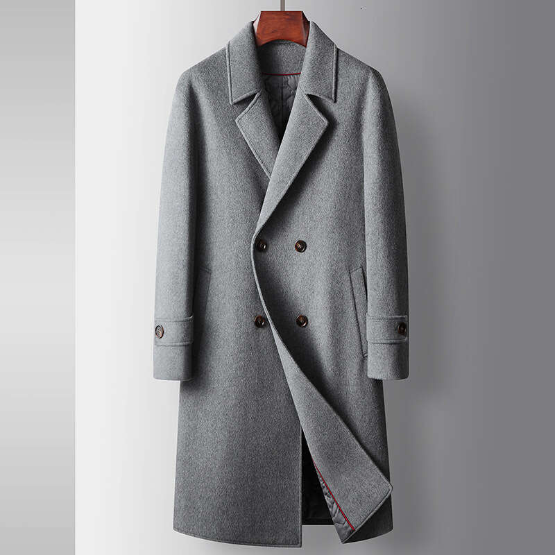 Men's 2024 Autumn/Winter Long Double Breasted Cotton Wool Windbreaker Youth Business Single-Sided Woolen Warm Coat