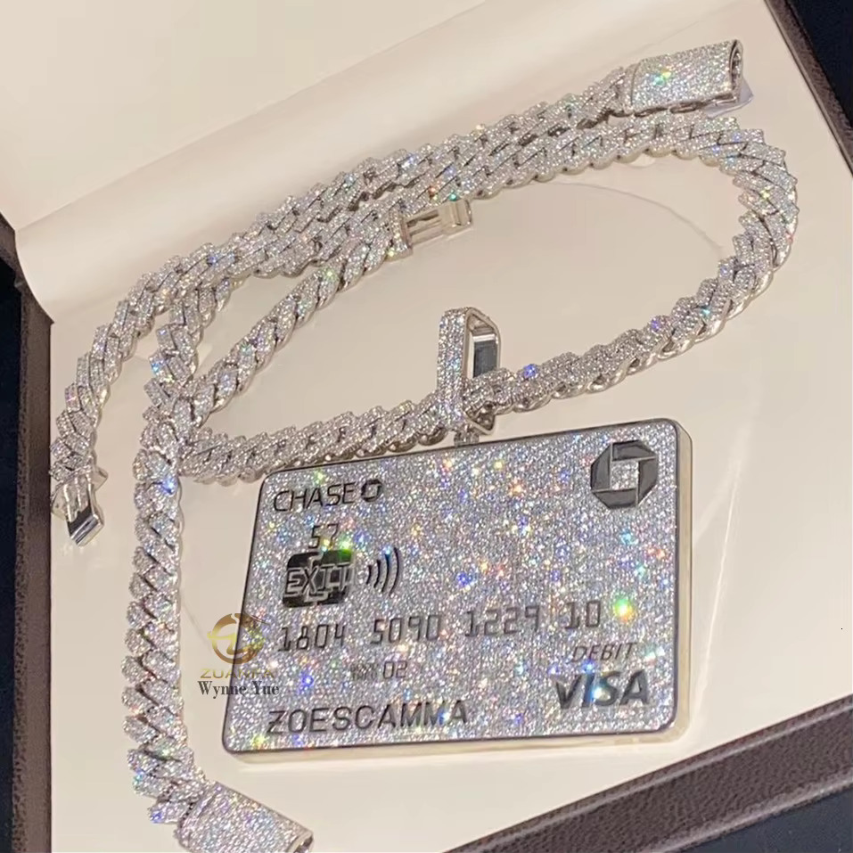 Custom Visa Card White Gold Plated Solid 925 Sterling Silver VVS Moissanite Credit Card Pendant