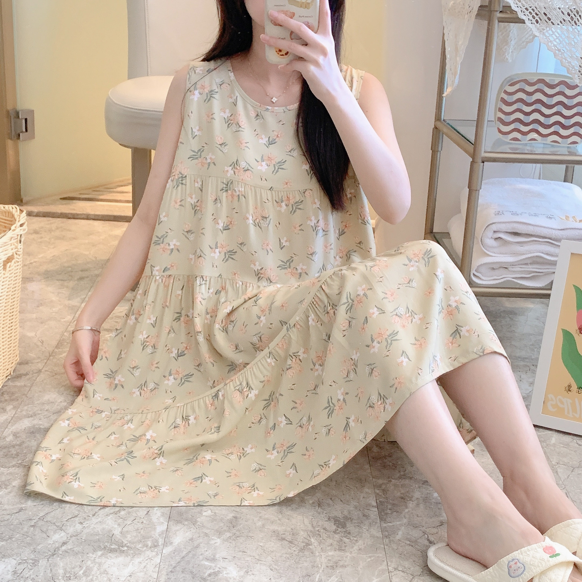 B770-Sleeveless cotton silk nightdress women's spring and summer floral vest pajamas home clothes Korean version