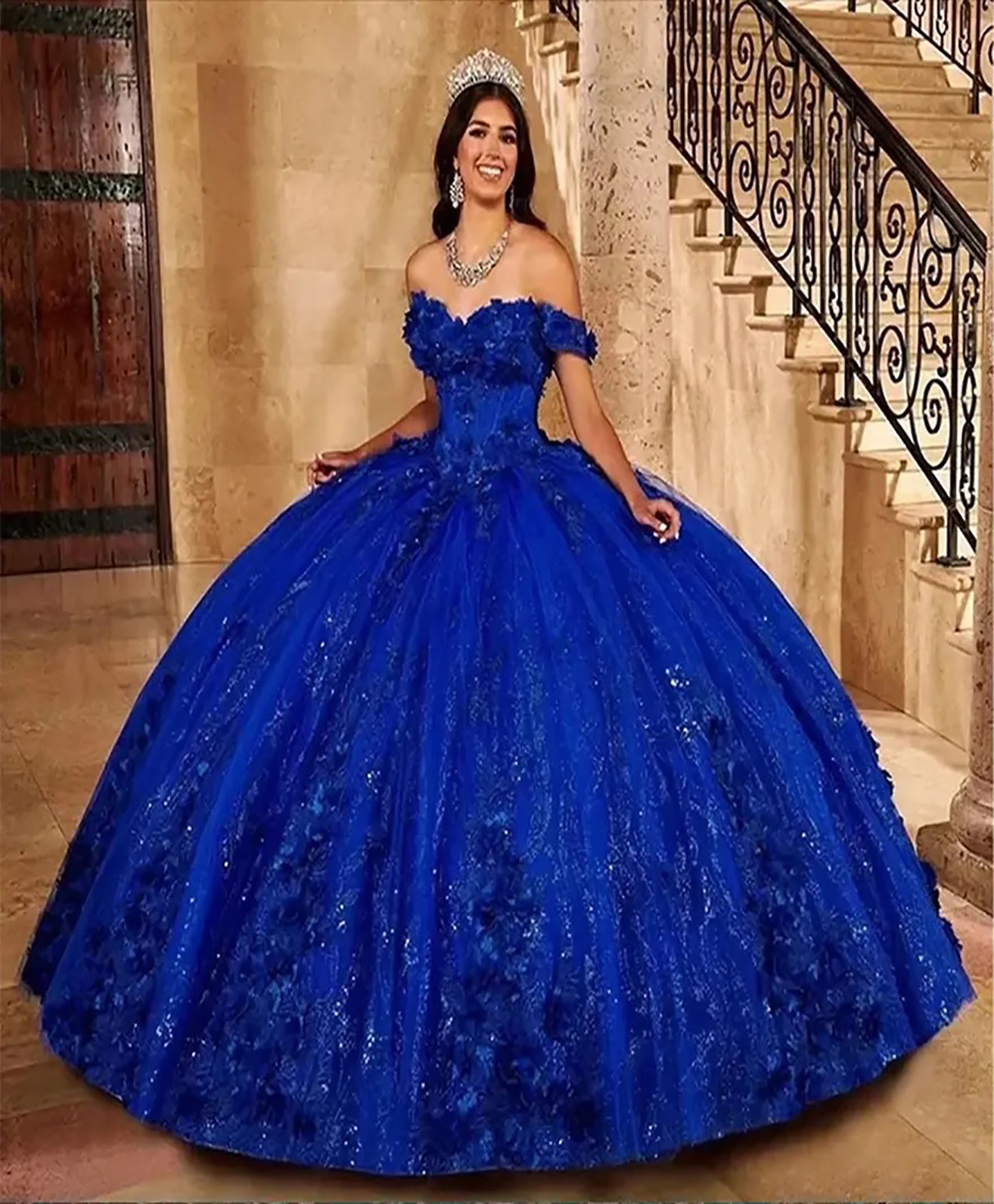 Royal Blue Quinceanera Dresses A Line Sweetheart Formal Tulle 3D Floral Appliques Applique Zipper Lace Up Plus Size Party Prom Gown Sleeveless Ball Go