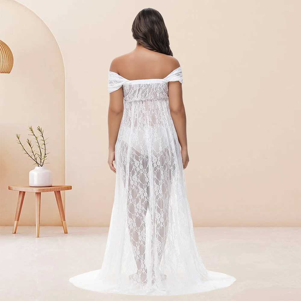 Maternity Lace Sexy Long Dress Off-Shoulder High Waist Slit For PhotoShoot Baby Shower Pregnancy Women Bohemian GownT250311