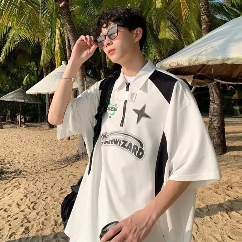 American retro short sleeved Y2k motorcycle style polo neck simple casual summer couple Tshirt top 250311