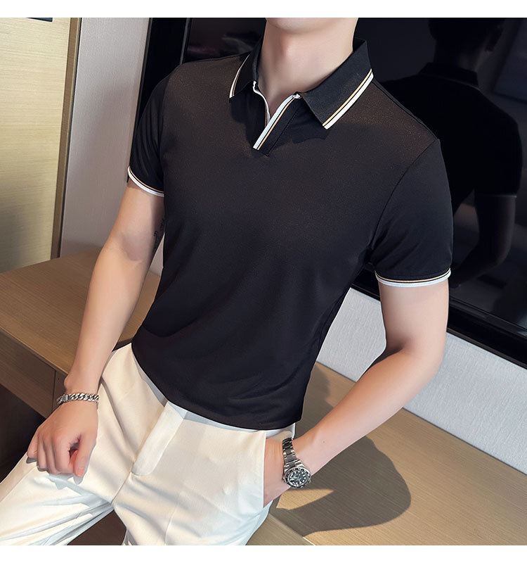 White mulberry V-neck short sleeved polo shirt casual business light luxury T-shirt men's summer new item ice silk tracksuit
