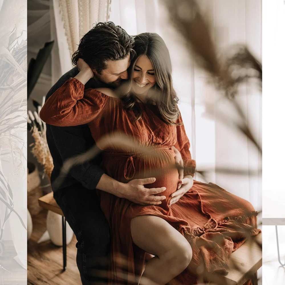 Comfortable Linen Cotton Two-Piece Set Long Sleeved Short Top With Lace Up Floor Mop Dress Bohemian Style Maternity Photo Dress X250224
