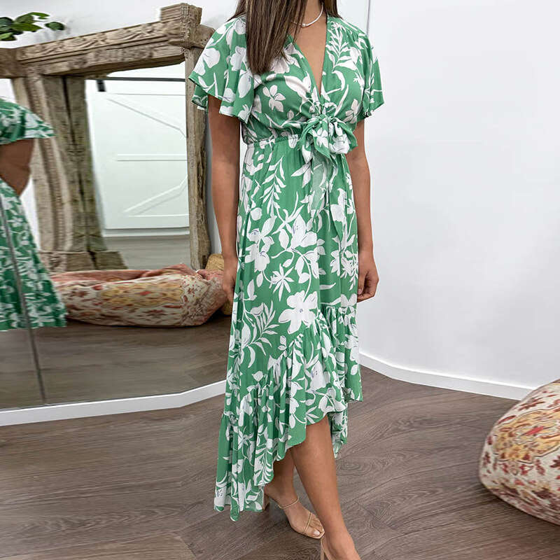 2025 Temperament Women's Fresh And Gentle V-Neck Flying Sleeve Printed Ruffle Edge Dress 661 KLMY