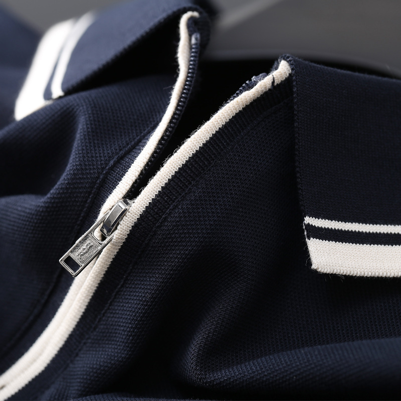 Short sleeved polo shirt men's collar solid color blue zipper casual summer new T-shirt men