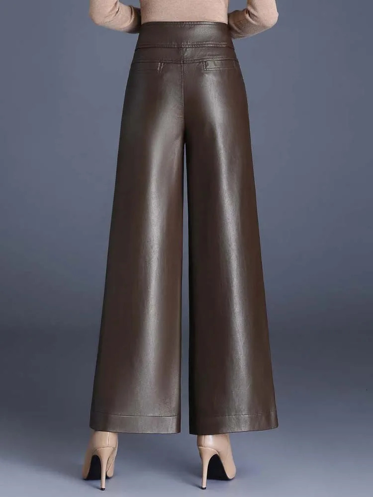 ZUZK High Quality Women PU Leather Wed Leg Pants Autumn Winter Fashion Warm Long Leather Pants Elegant LeatherTrousers 250305