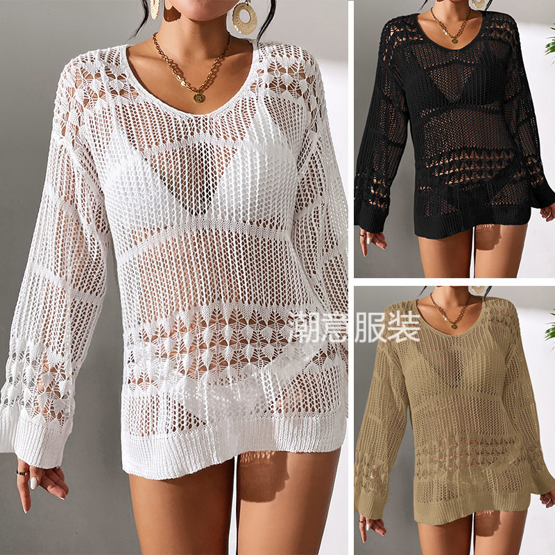 New Vacation Sexy Hollow Texture Loose Fitting Pullover Fashionable Sun Protection Shirt, Mid To Long Beach Cover