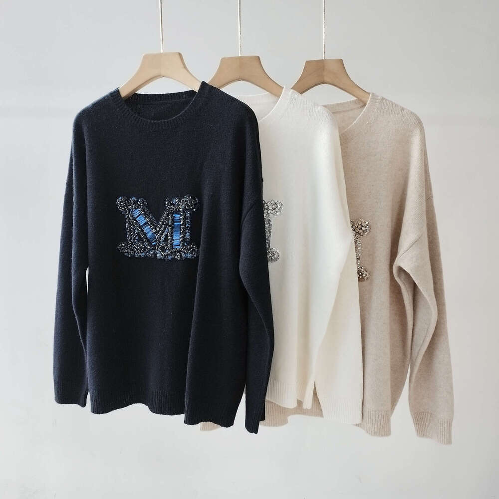 24 Year Autumn And Winter Handmade Embroidery Nail Bead Large M Letter Cashmere Women's Round Neck Long Sleeved Knitted Pullover Sweater