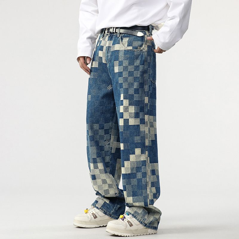 2025 Hot Selling Fashion Designer Men s American Jeans Men s Mosaic Chessboard Popular Pattern Straight Tube Loose Pants Outdoor Casual Skateboarding 