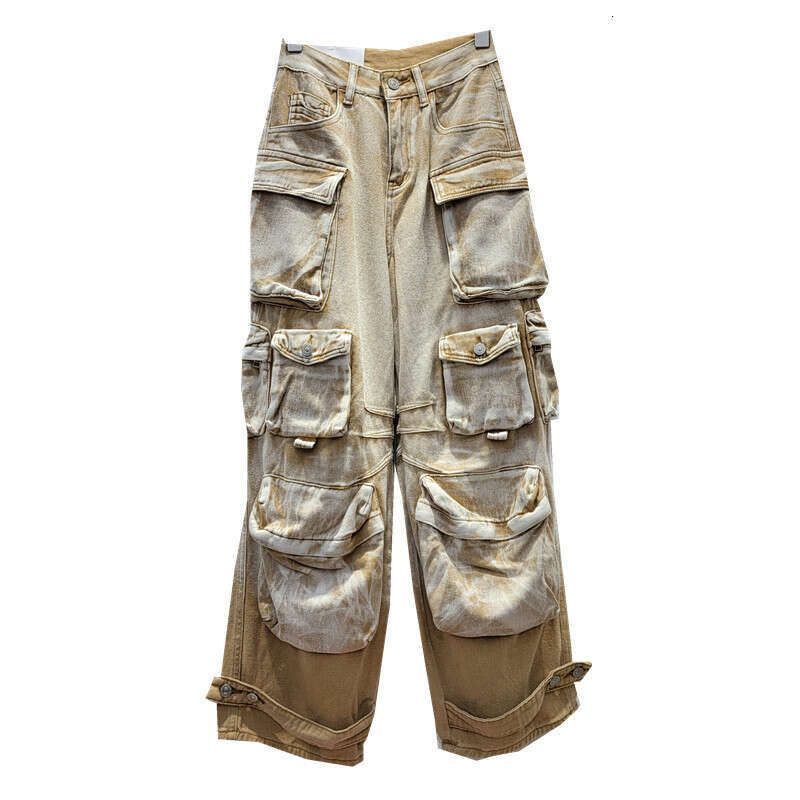 American Street Brand Gradient Contrasting Heavy Three-Dimensional Pocket Wide Leg Pants Cool And Niche Workwear Jeans Women's Fashion