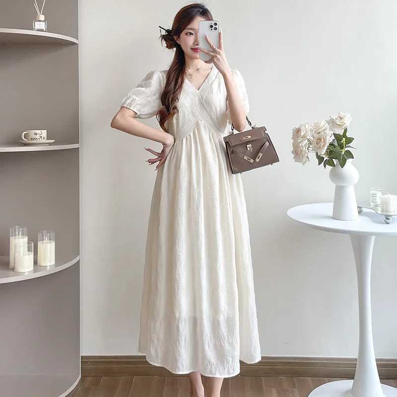 French Style Summer Maternity Pleated Dress High Waist V-neck Short Sleeve Pregnant Woman Elegant Dress Pregnancy Clothes LooseT250311