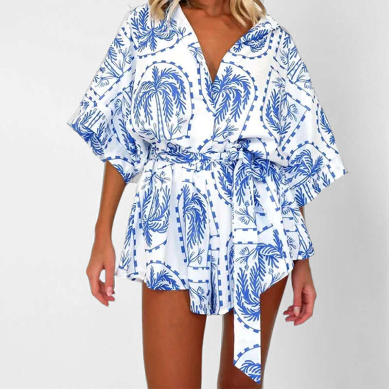 2025 Spring New Printed Collar Half Open Holiday Style Women's Short Jumpsuit KLMY